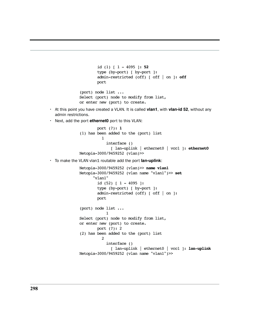 Netopia 2200 manual 298, To make the Vlan vlan1 routable add the port lan-uplink 