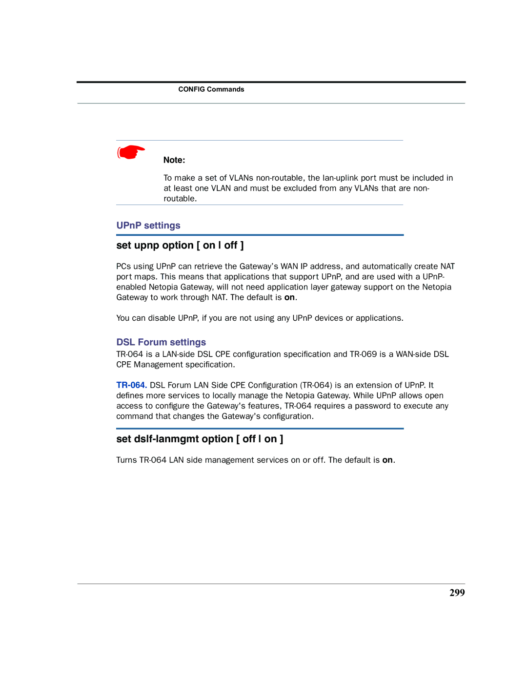 Netopia 2200 manual Set upnp option on off, Set dslf-lanmgmt option off on, 299 