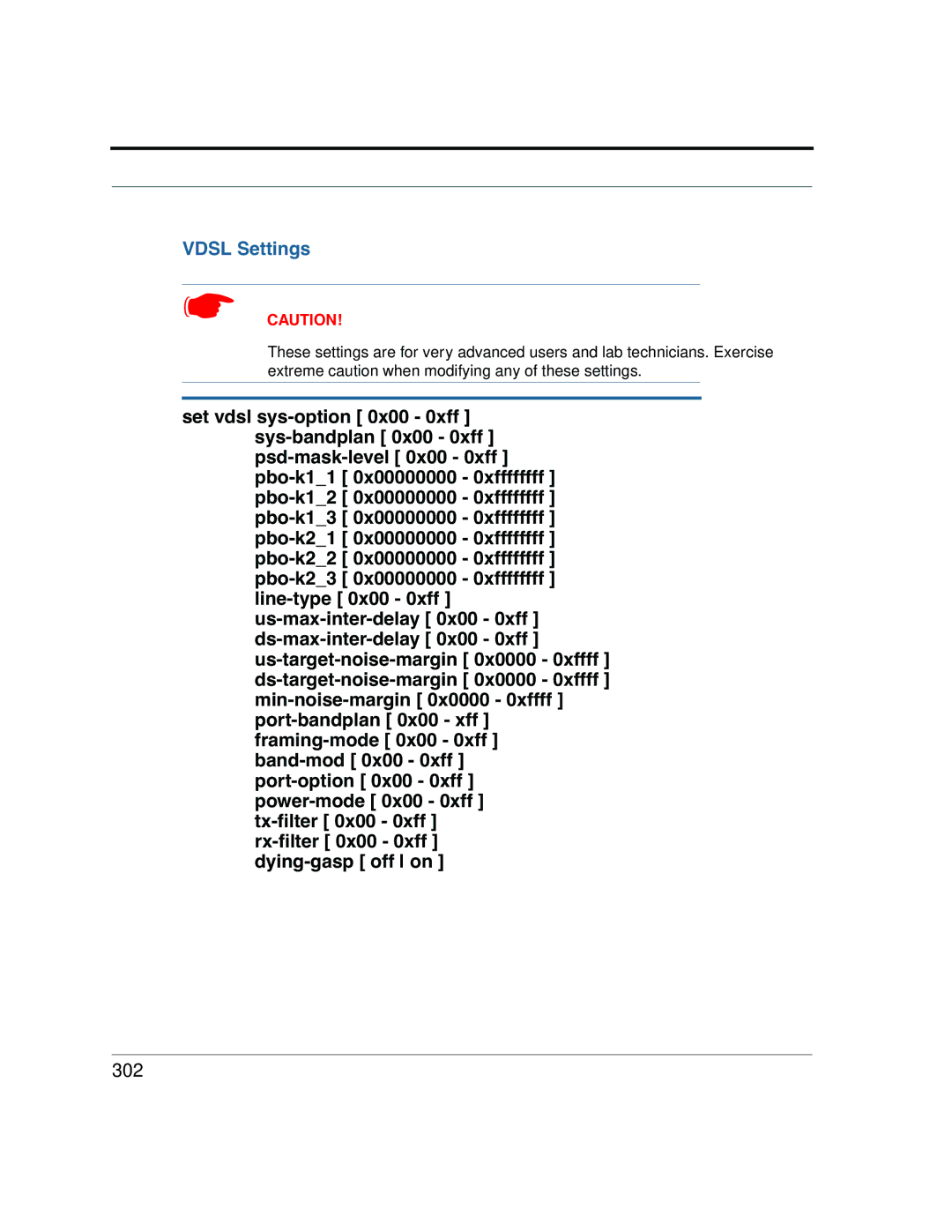 Netopia 2200 manual Vdsl Settings, 302 