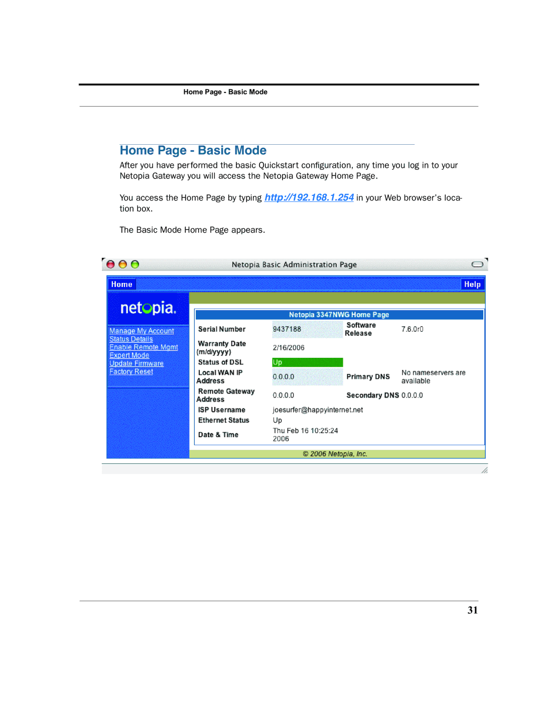 Netopia 2200 manual Home Page Basic Mode 