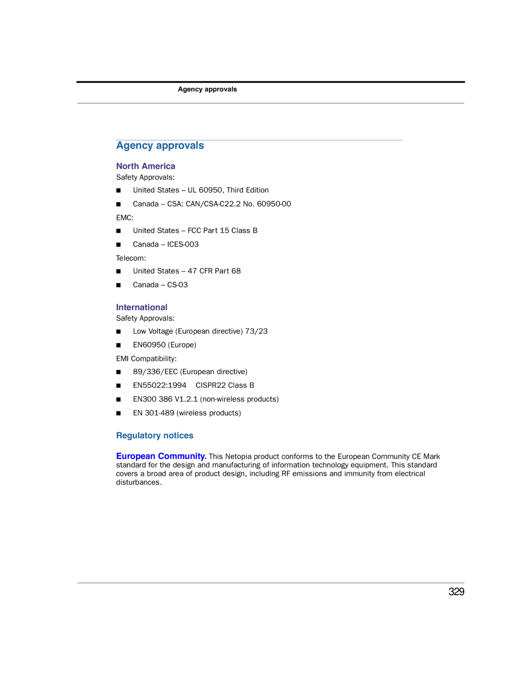 Netopia 2200 manual Agency approvals, 329, North America, International 