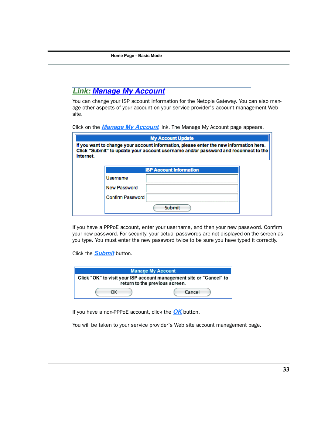 Netopia 2200 manual Link Manage My Account 