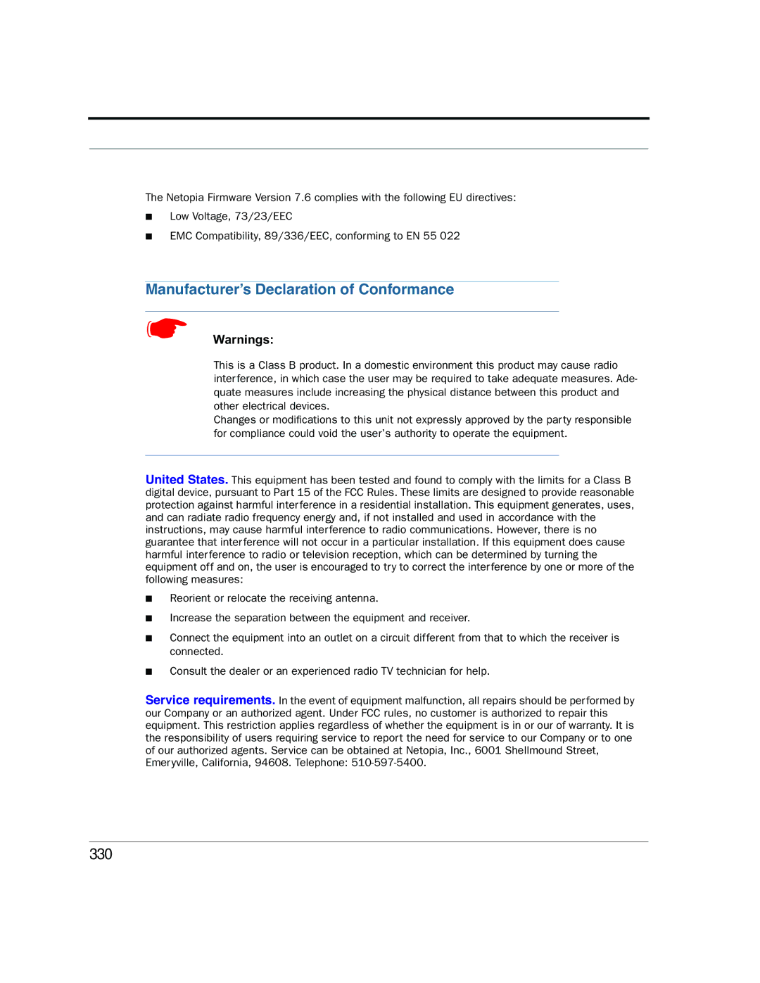 Netopia 2200 manual Manufacturer’s Declaration of Conformance, 330 