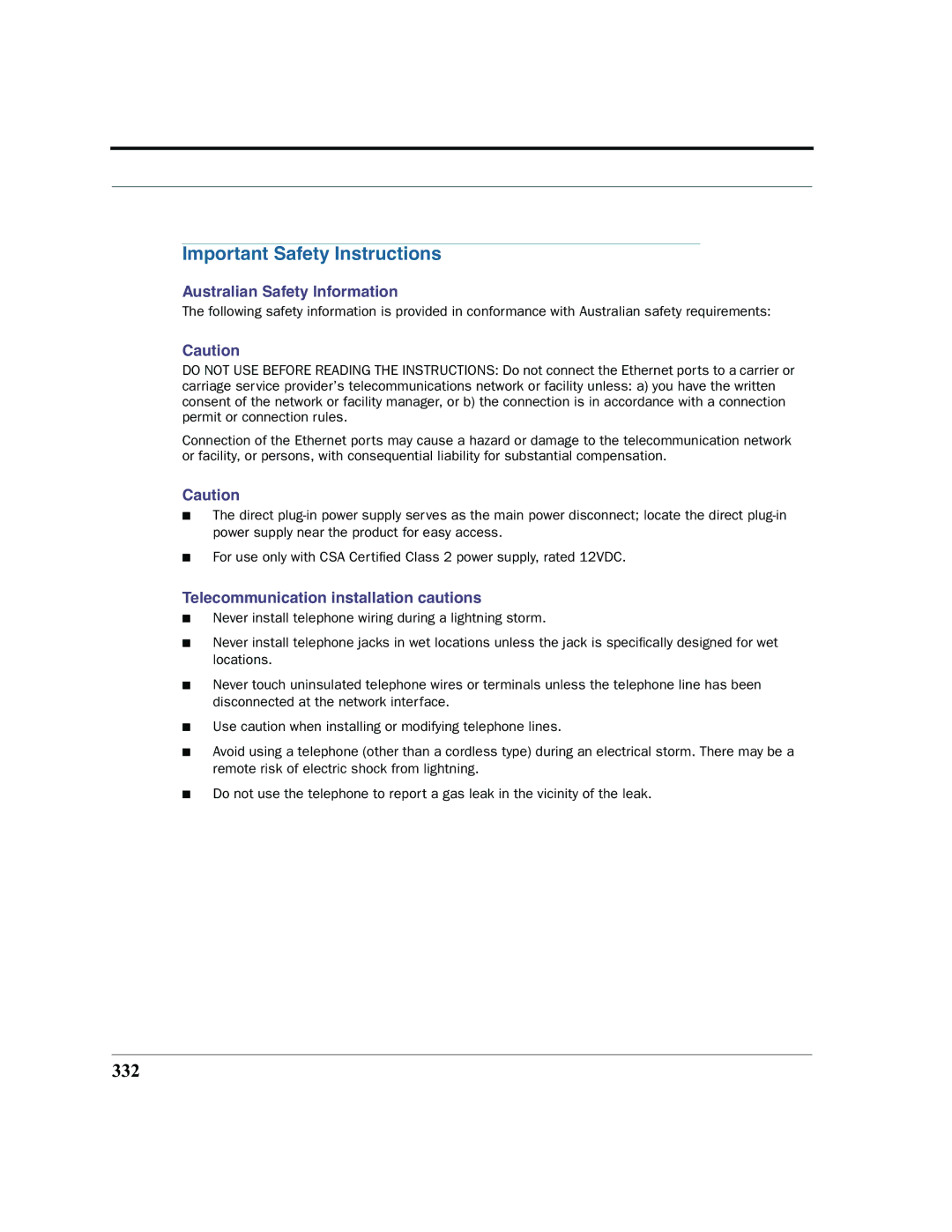 Netopia 2200 Important Safety Instructions, 332, Australian Safety Information, Telecommunication installation cautions 