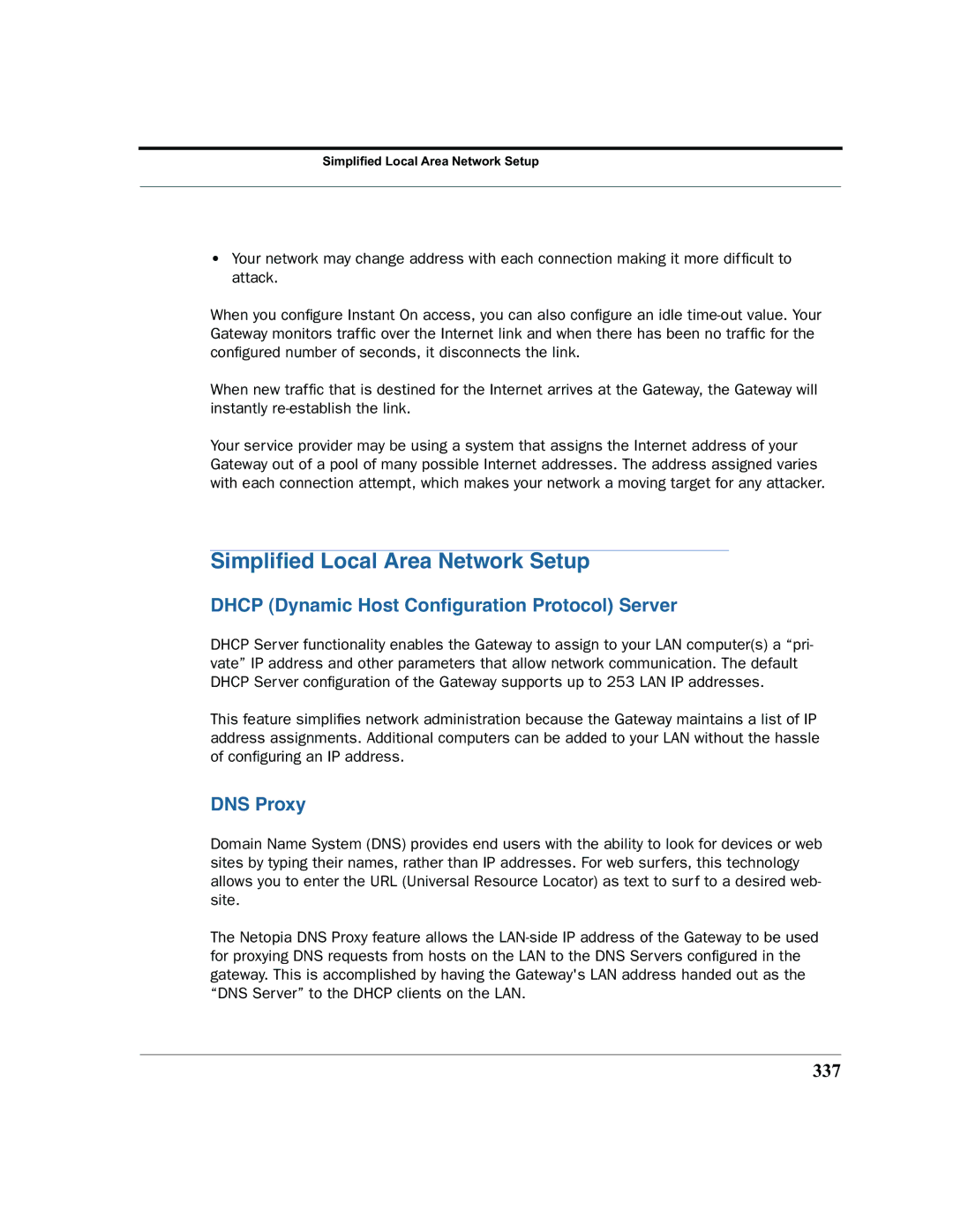 Netopia 2200 manual Simpliﬁed Local Area Network Setup, Dhcp Dynamic Host Conﬁguration Protocol Server, DNS Proxy, 337 