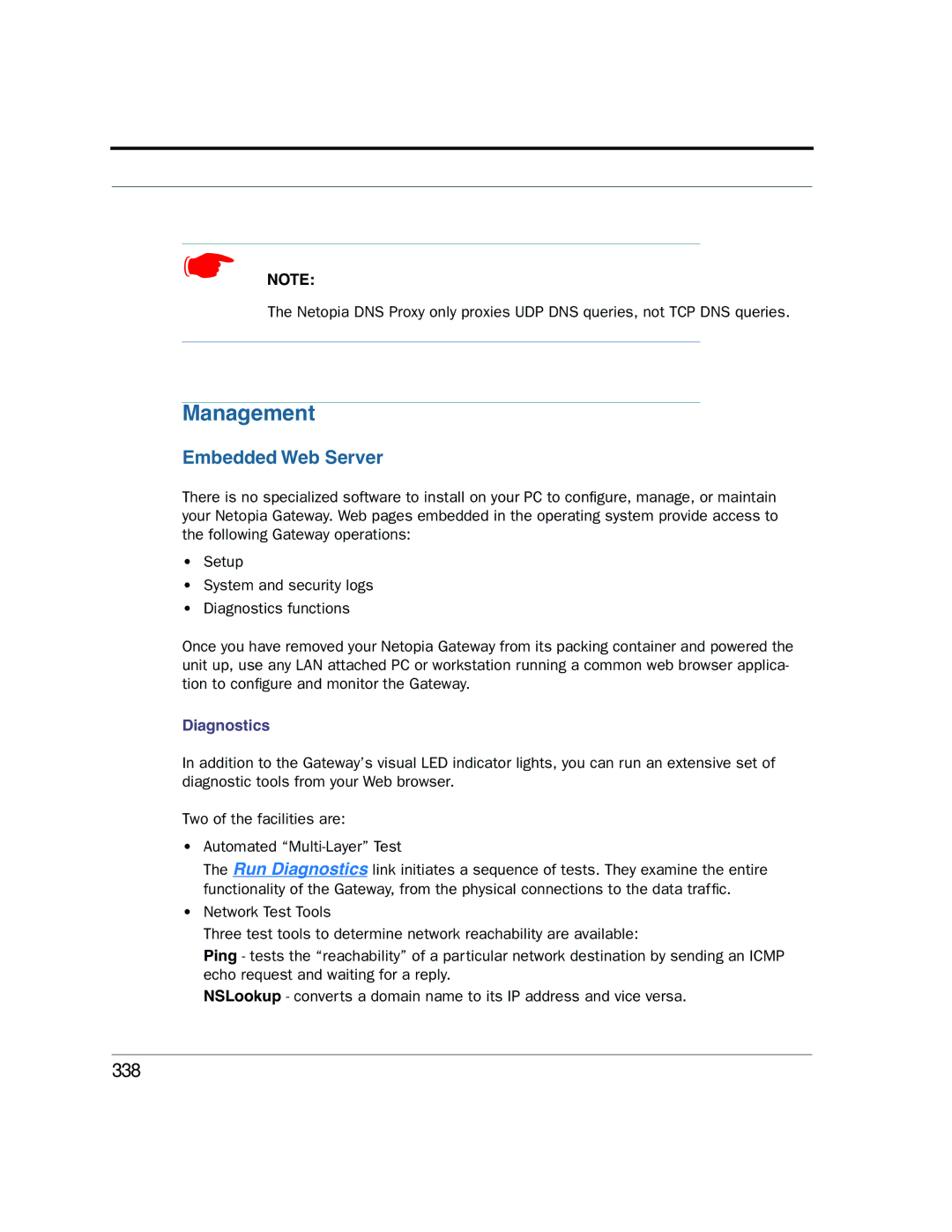 Netopia 2200 manual Management, Embedded Web Server, 338, Diagnostics 