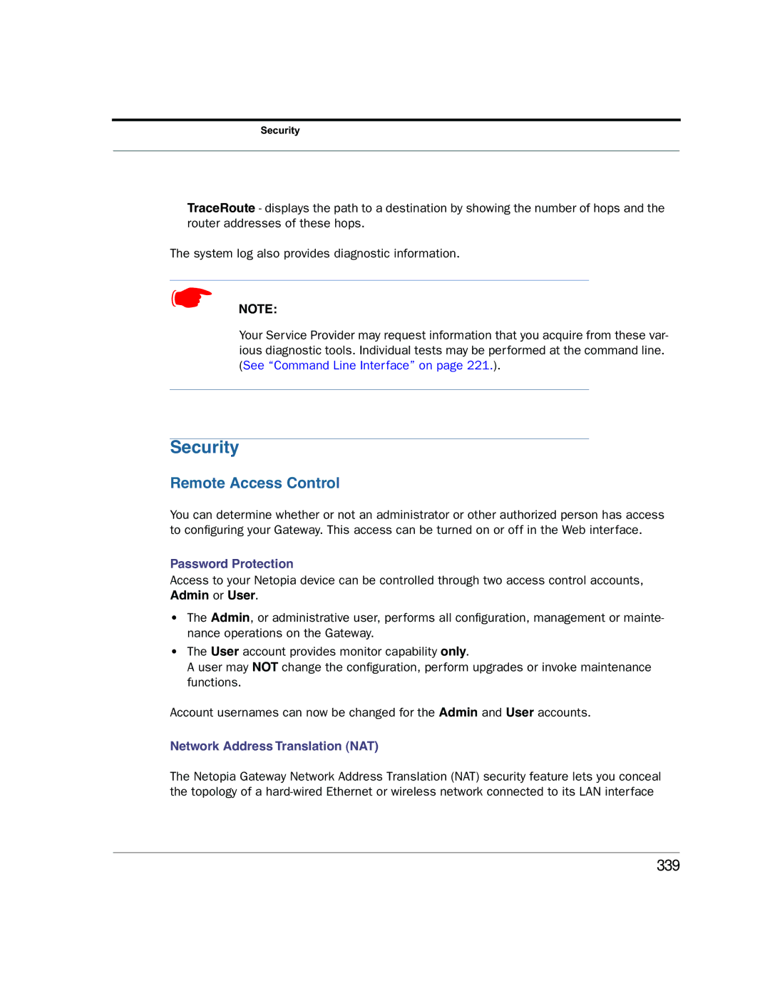 Netopia 2200 manual Remote Access Control, 339, Password Protection, Network Address Translation NAT 