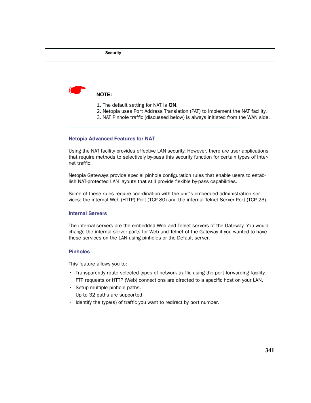 Netopia 2200 manual 341, Netopia Advanced Features for NAT, Internal Servers, Pinholes 