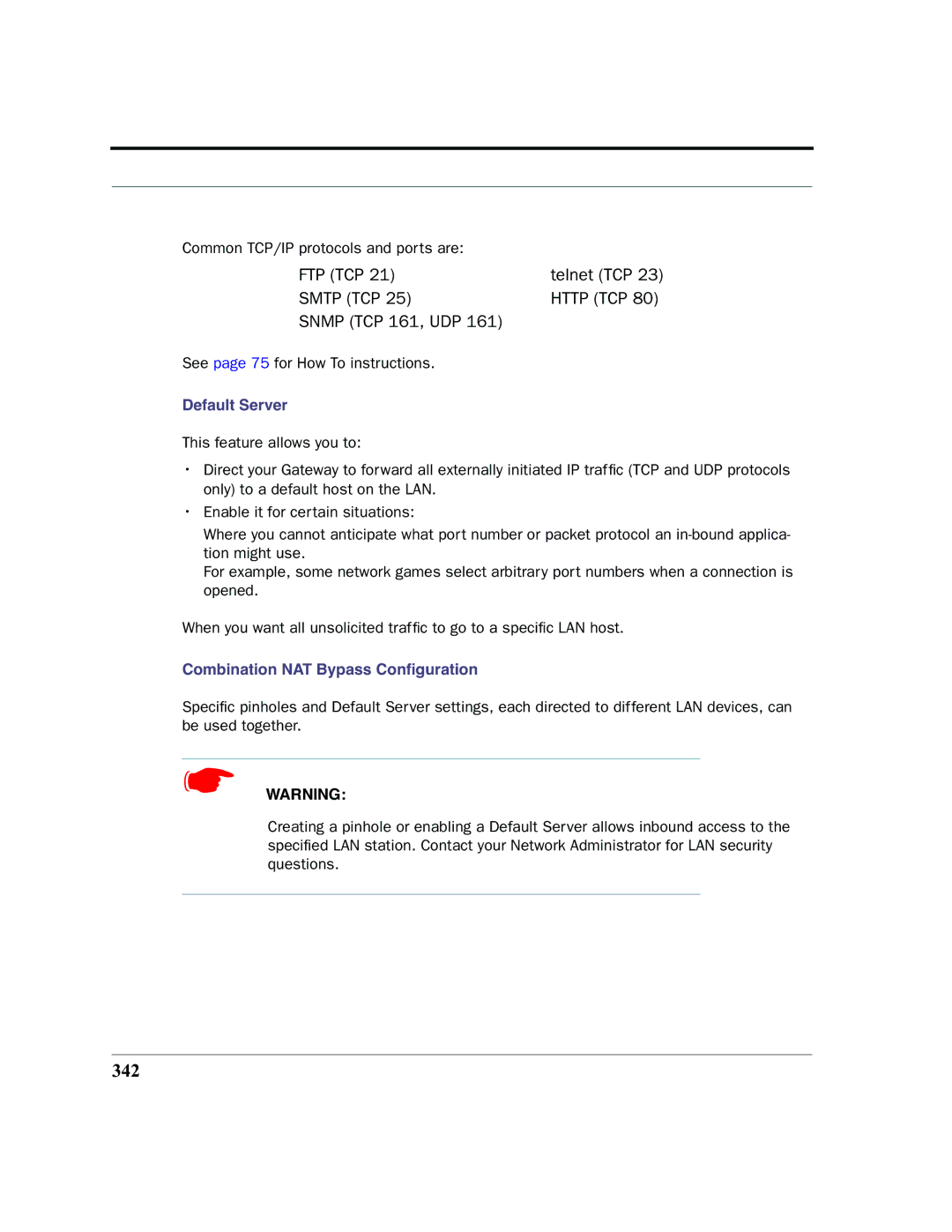 Netopia 2200 manual 342, Default Server, Combination NAT Bypass Conﬁguration 