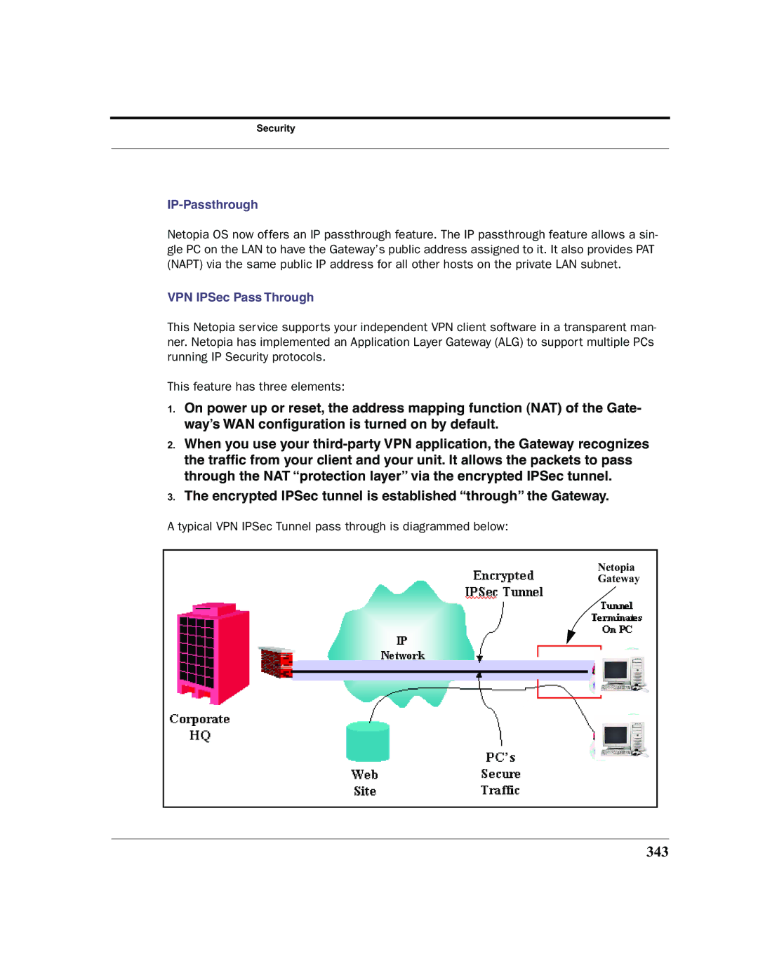 Netopia 2200 manual 343, IP-Passthrough, VPN IPSec Pass Through 