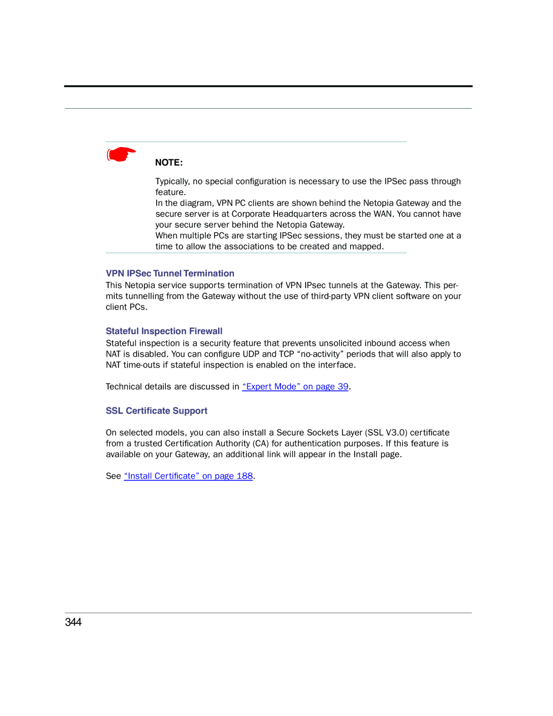 Netopia 2200 manual 344, VPN IPSec Tunnel Termination, Stateful Inspection Firewall, SSL Certiﬁcate Support 