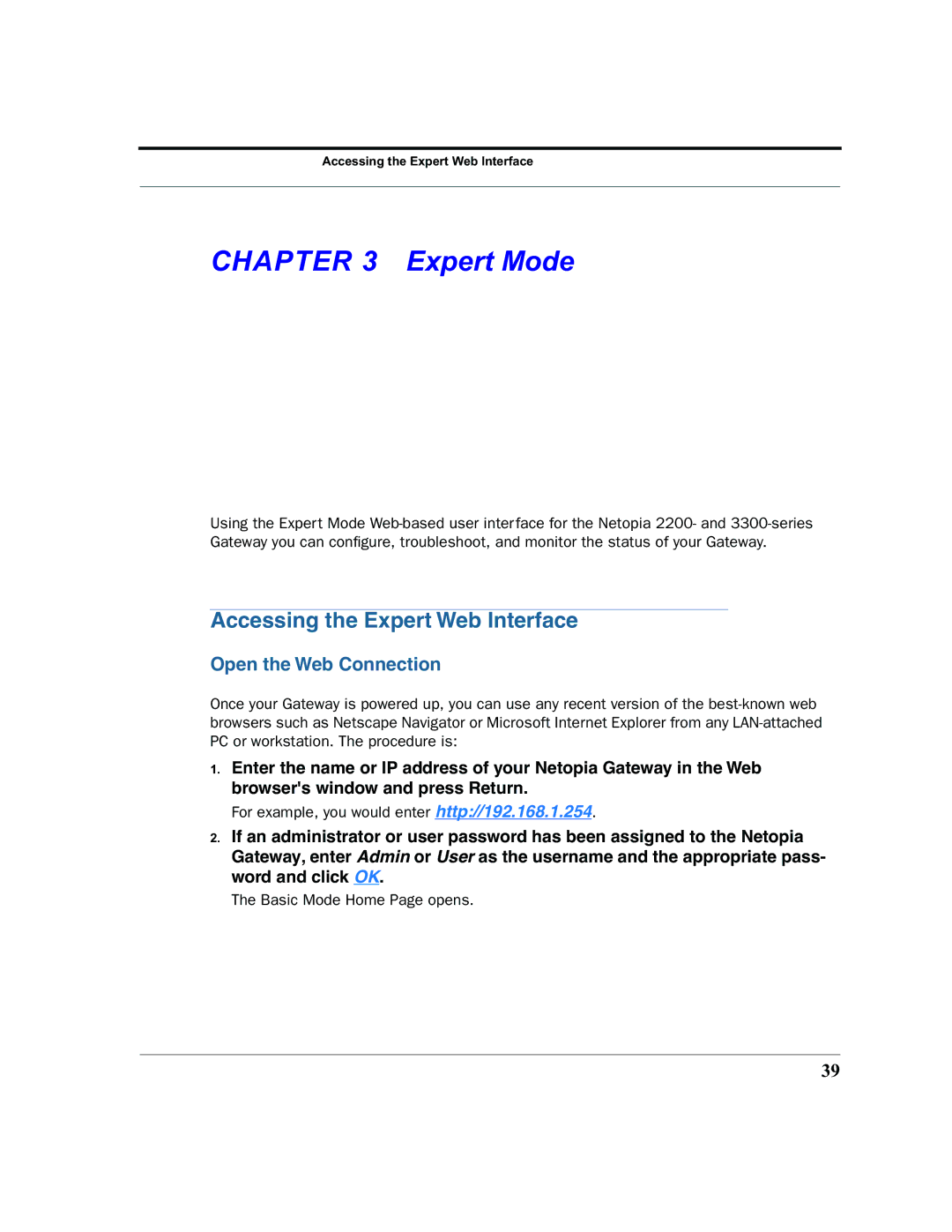 Netopia 2200 manual Accessing the Expert Web Interface, Open the Web Connection 