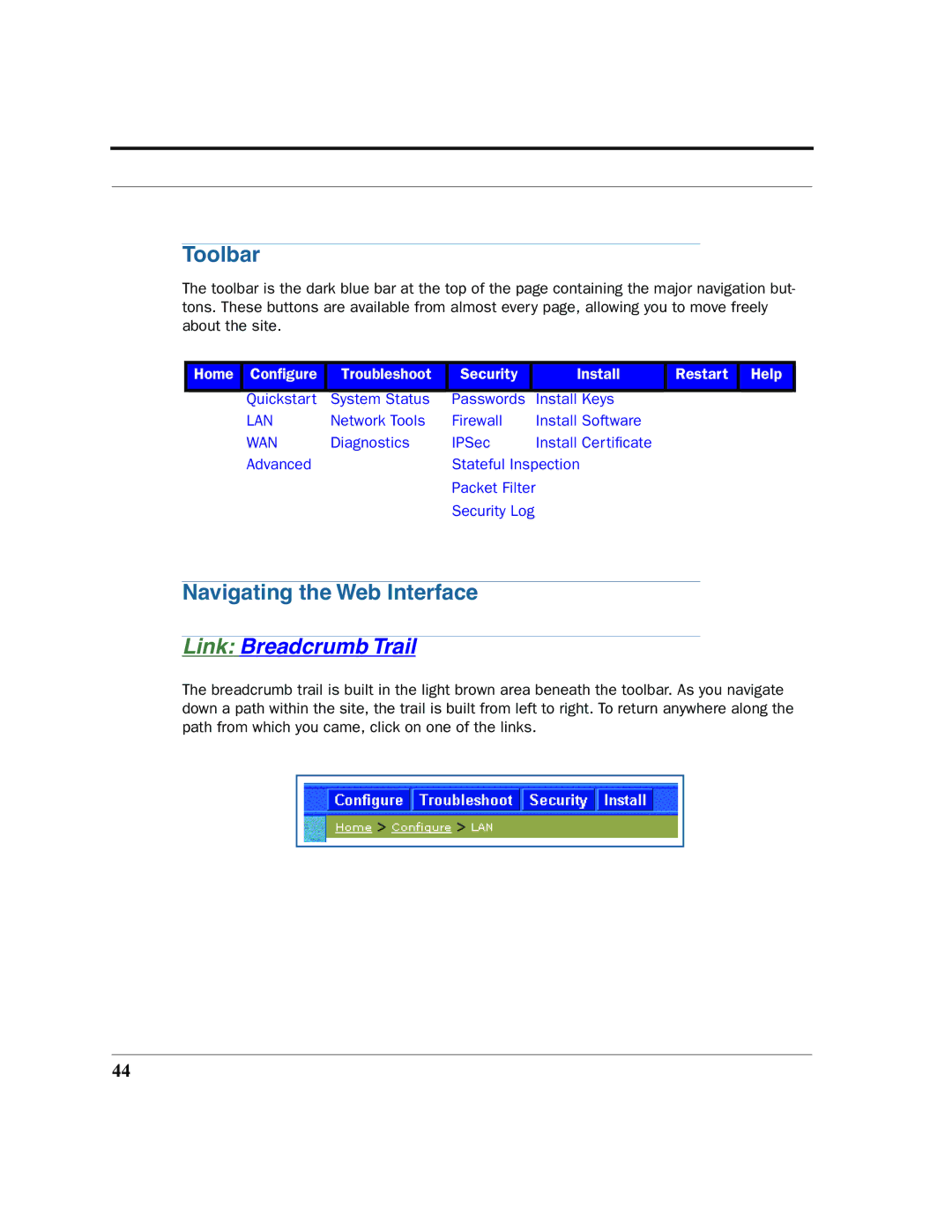 Netopia 2200 manual Toolbar, Navigating the Web Interface, Link Breadcrumb Trail 