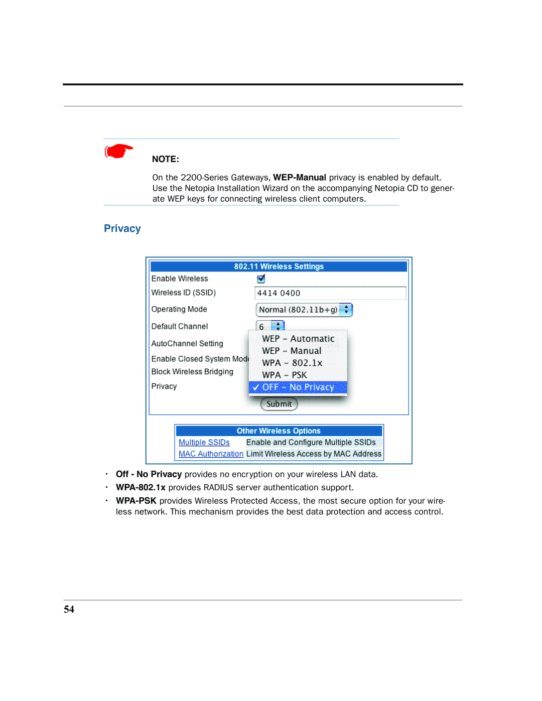 Netopia 2200 manual Privacy 