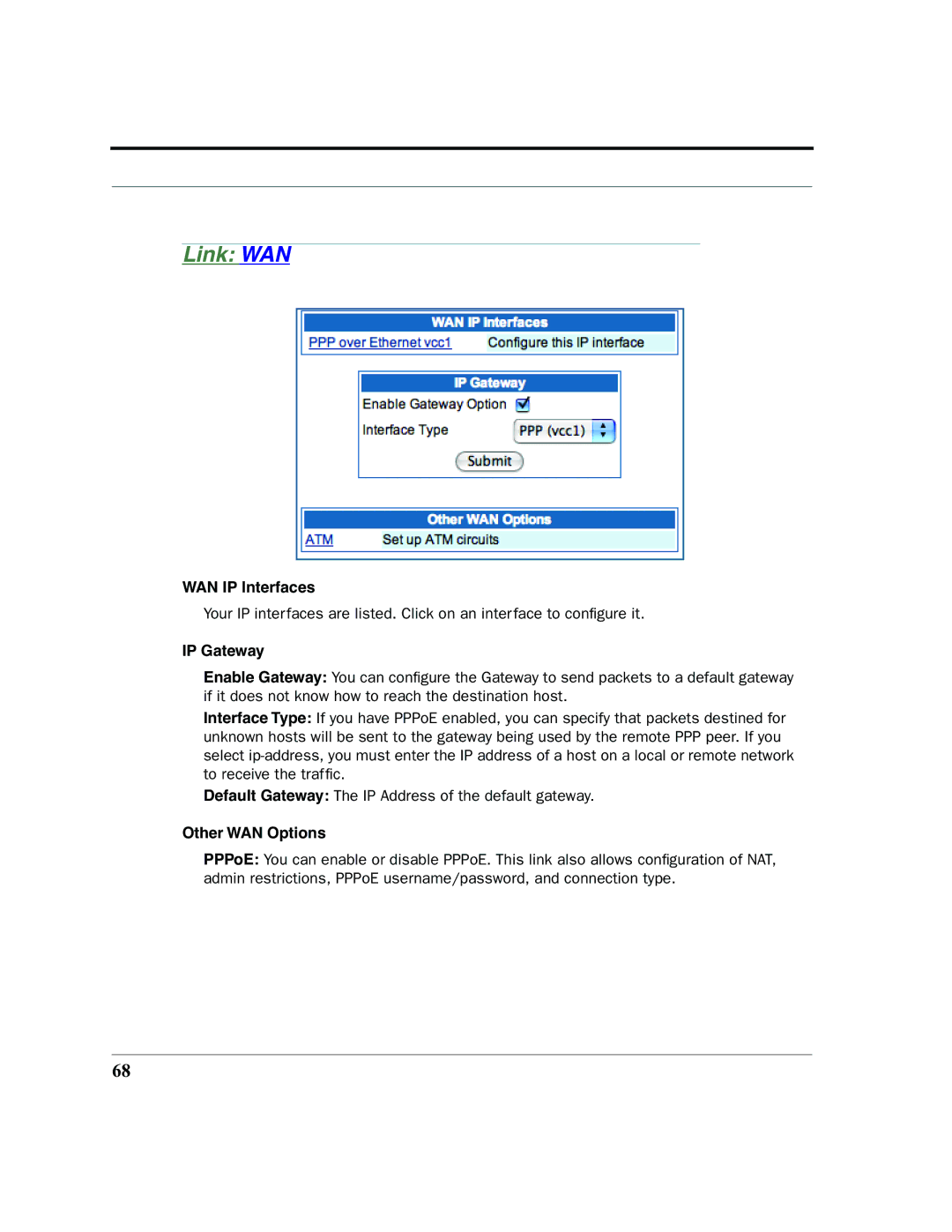 Netopia 2200 manual WAN IP Interfaces, IP Gateway, Other WAN Options 