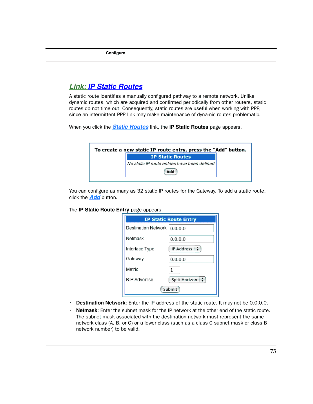 Netopia 2200 manual Link IP Static Routes, IP Static Route Entry page appears 