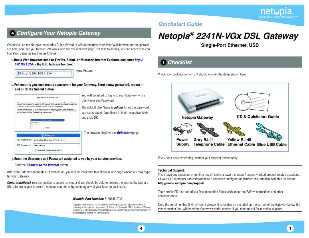 Netopia 2241N-VGX quick start Conﬁgure Your Netopia Gateway, Checklist, Single-Port Ethernet, USB, Technical Support 