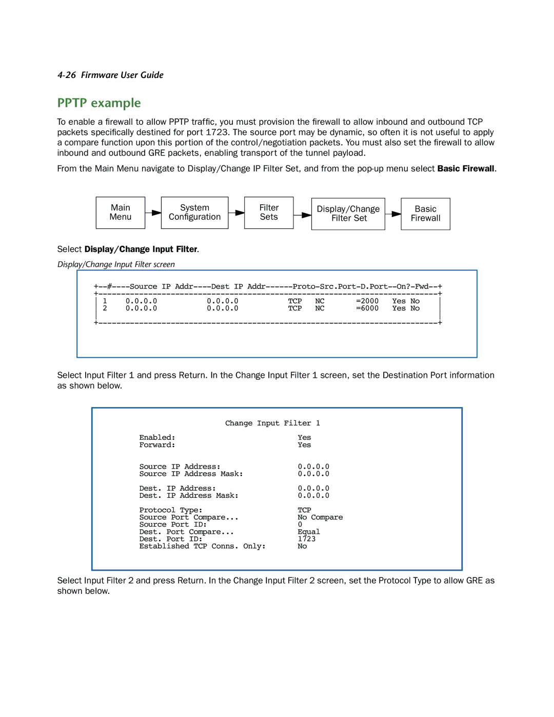 Netopia 3300-ENT manual Pptp example, Filter Sets Display/Change Basic Firewall 