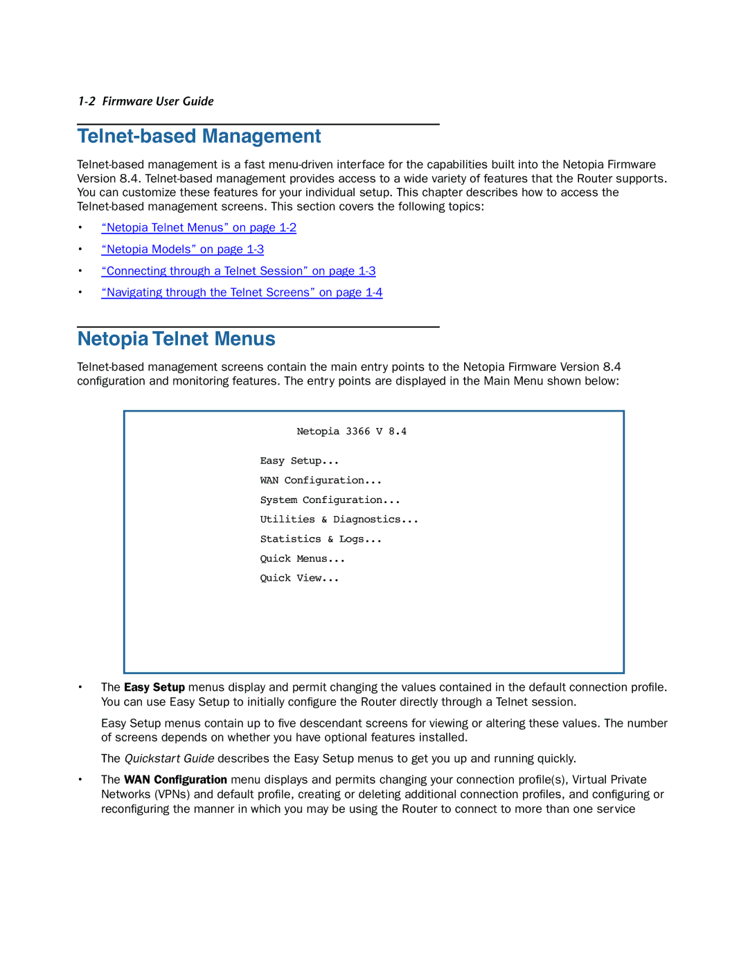 Netopia 3300-ENT manual Telnet-based Management, Netopia Telnet Menus 