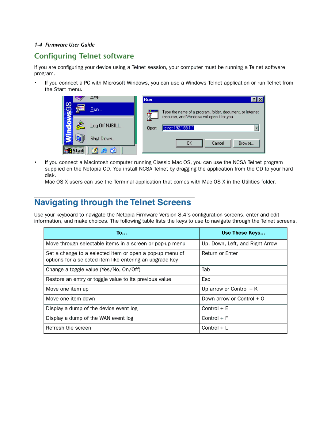 Netopia 3300-ENT manual Navigating through the Telnet Screens, Conﬁguring Telnet software 