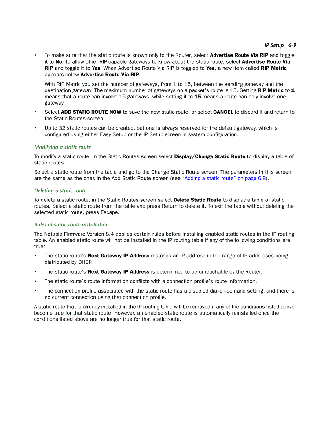 Netopia 3300-ENT manual Modifying a static route, Deleting a static route, Rules of static route installation 