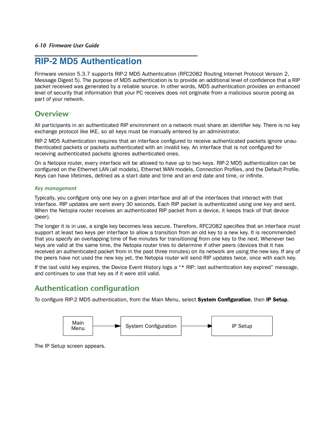 Netopia 3300-ENT manual RIP-2 MD5 Authentication, Overview, Authentication conﬁguration, Key management 