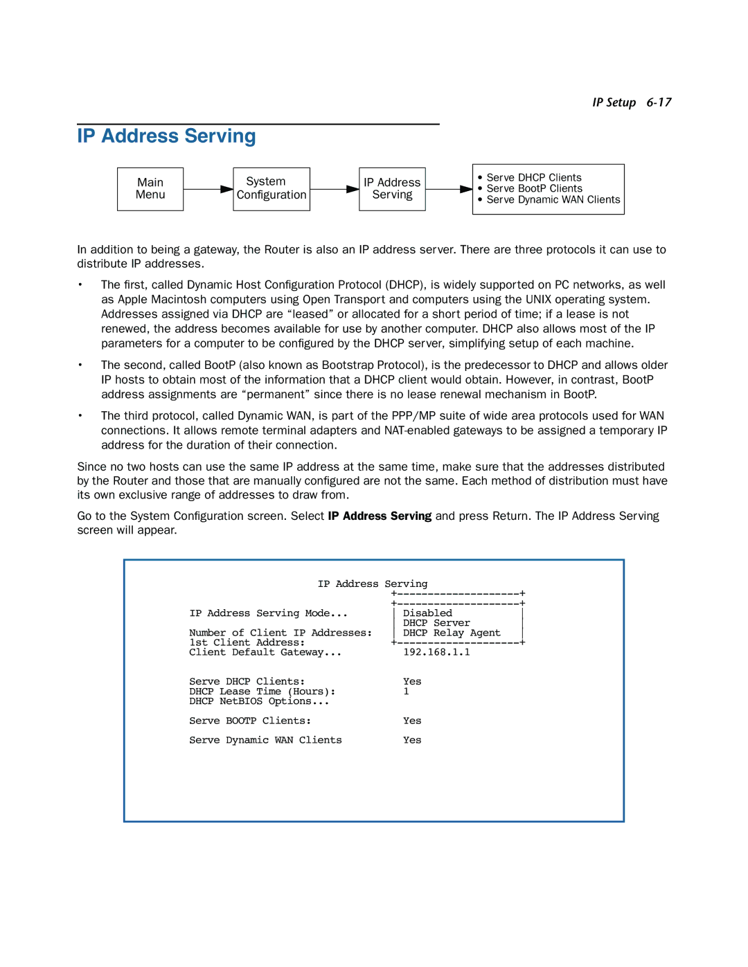 Netopia 3300-ENT manual IP Address Serving, Main System Menu Configuration 