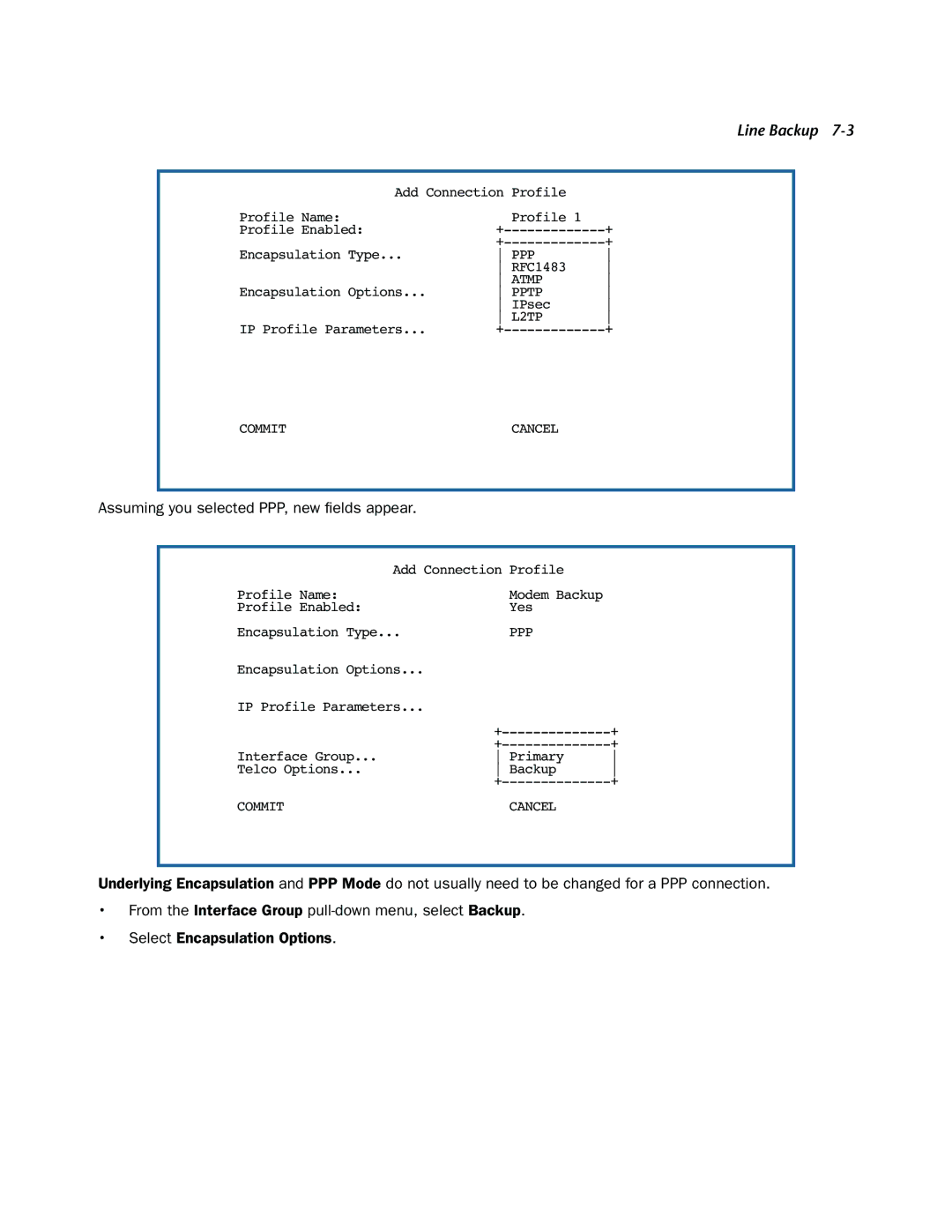 Netopia 3300-ENT manual Assuming you selected PPP, new ﬁelds appear 