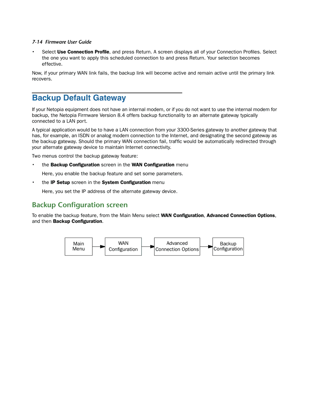 Netopia 3300-ENT Backup Default Gateway, Backup Conﬁguration screen, Configuration Advanced Connection Options Backup 