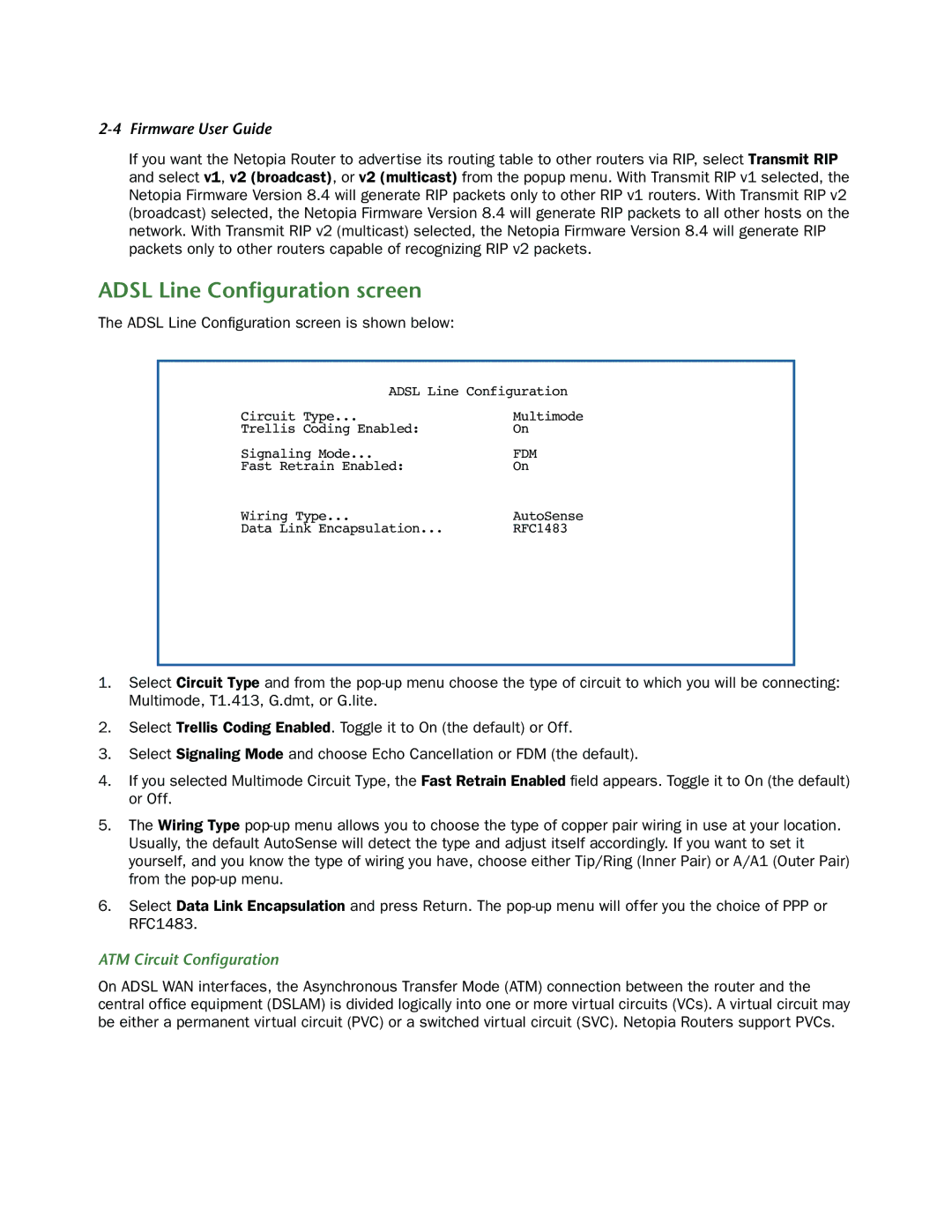 Netopia 3300-ENT manual Adsl Line Conﬁguration screen is shown below, ATM Circuit Conﬁguration 