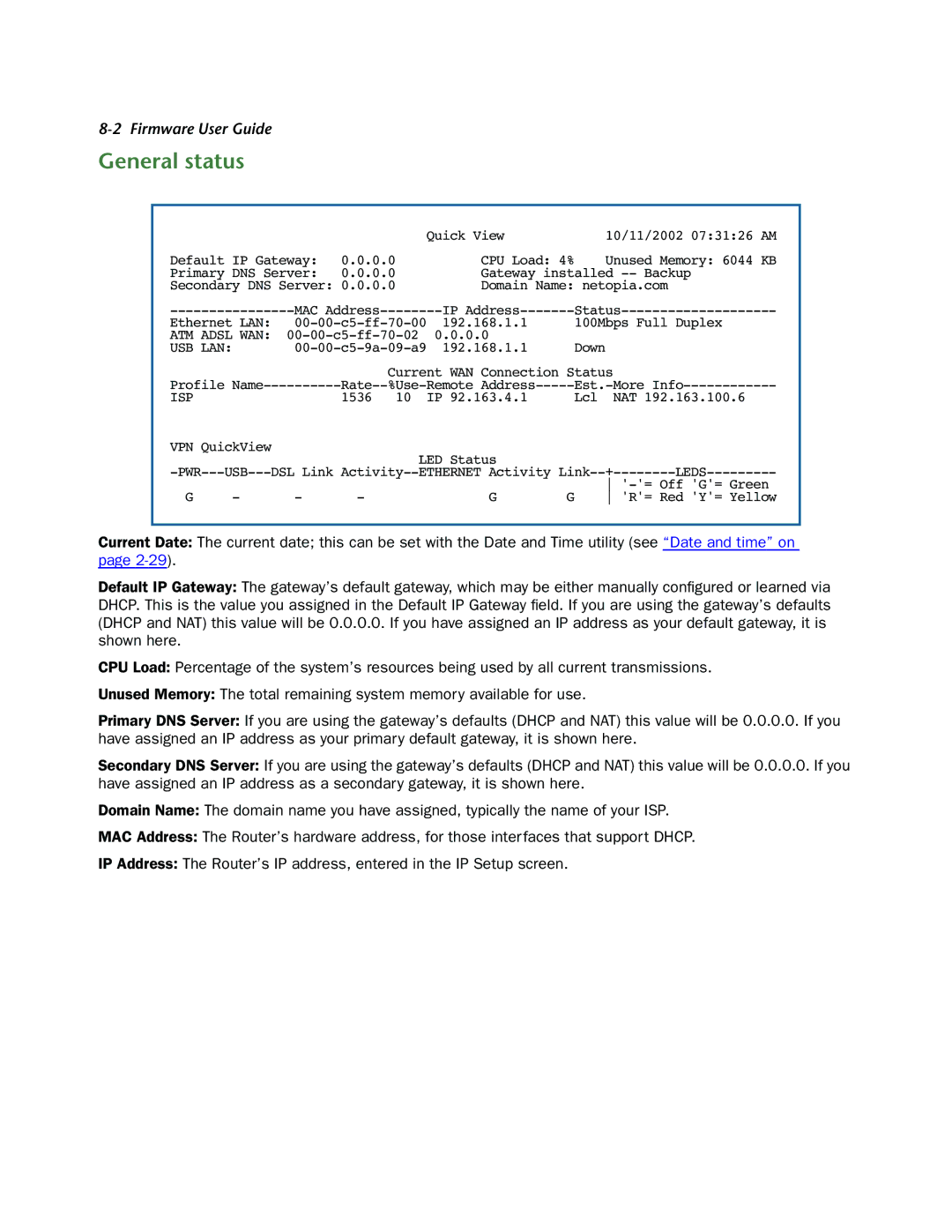 Netopia 3300-ENT manual General status, Usb Lan 