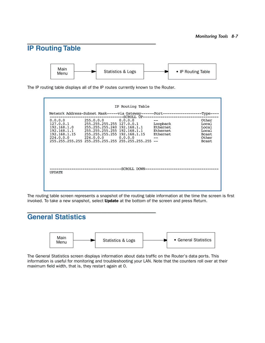 Netopia 3300-ENT manual IP Routing Table, General Statistics, Main Menu Statistics & Logs 