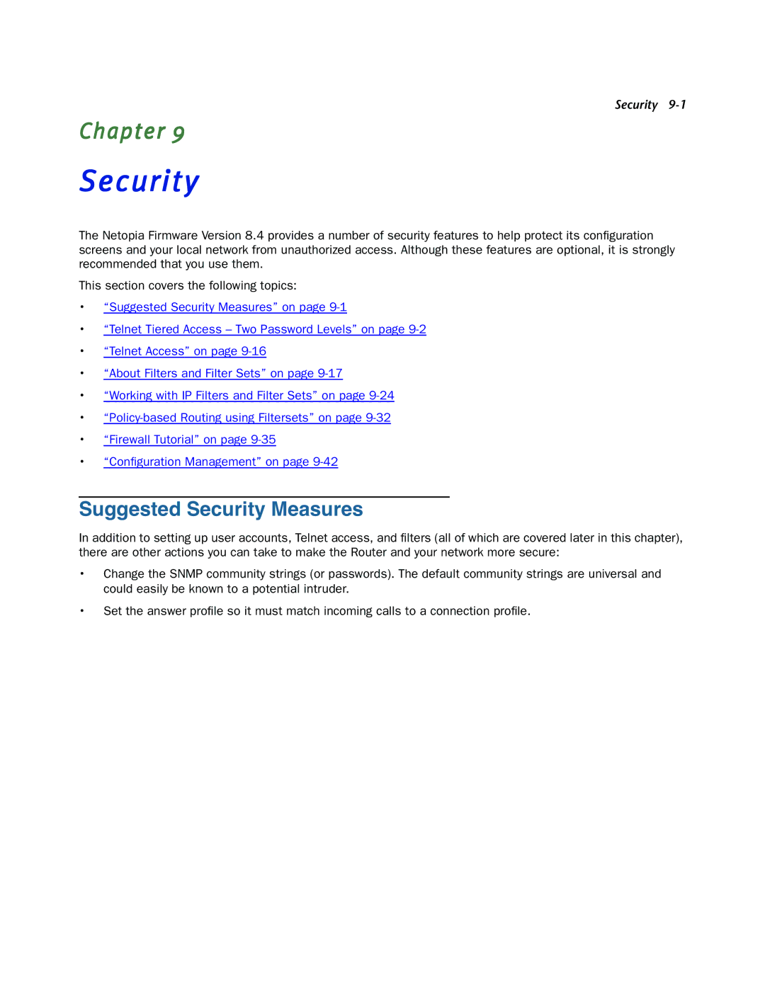 Netopia 3300-ENT manual Suggested Security Measures 