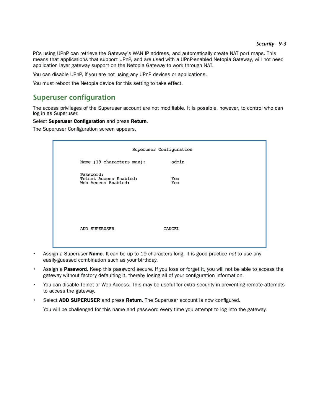 Netopia 3300-ENT manual Superuser conﬁguration 