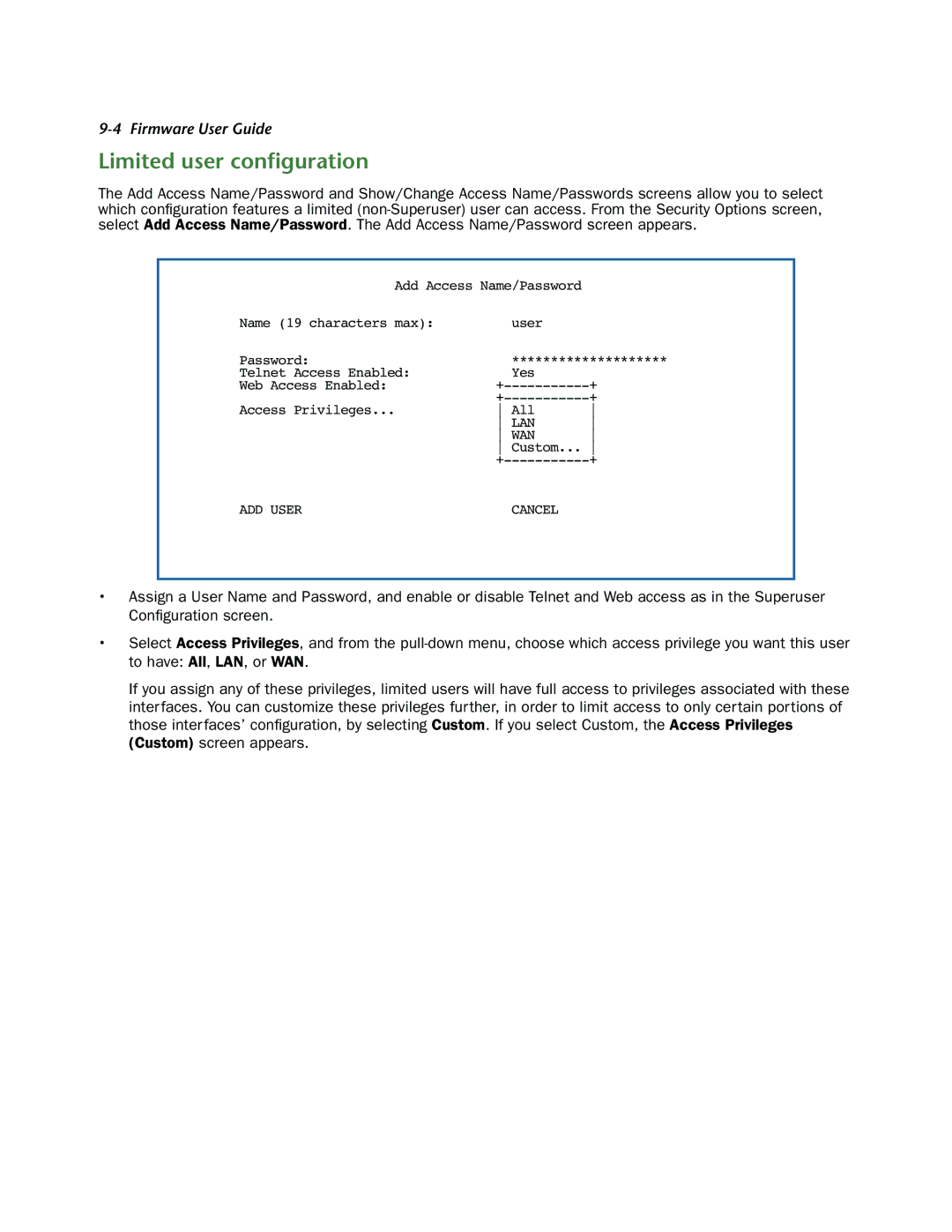 Netopia 3300-ENT manual Limited user conﬁguration 