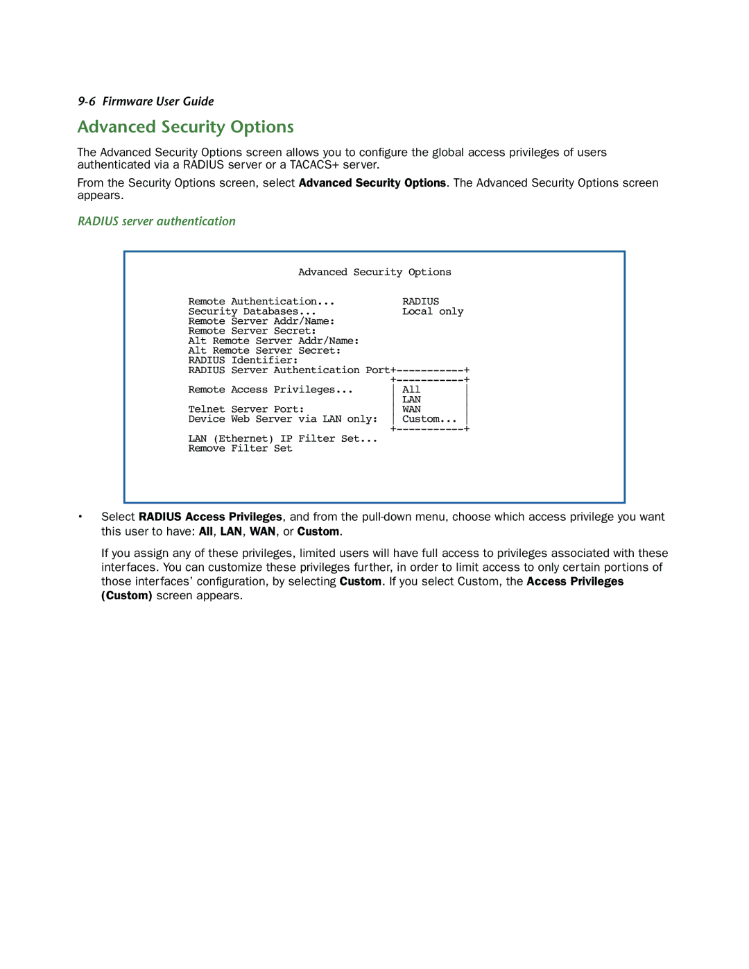 Netopia 3300-ENT manual Advanced Security Options, Radius server authentication 