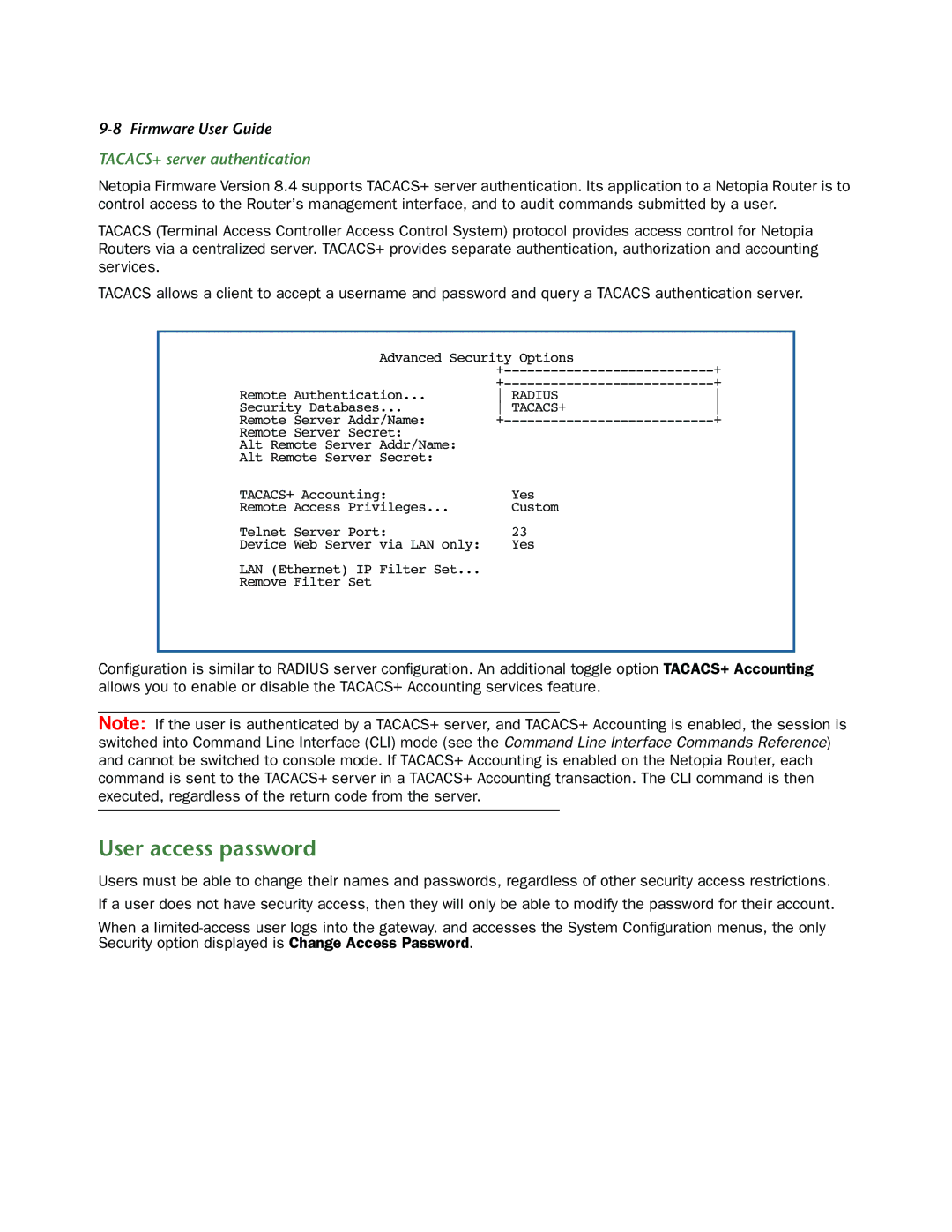 Netopia 3300-ENT manual User access password, TACACS+ server authentication 