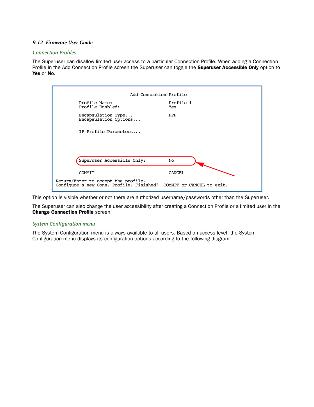 Netopia 3300-ENT manual Connection Proﬁles, System Conﬁguration menu 