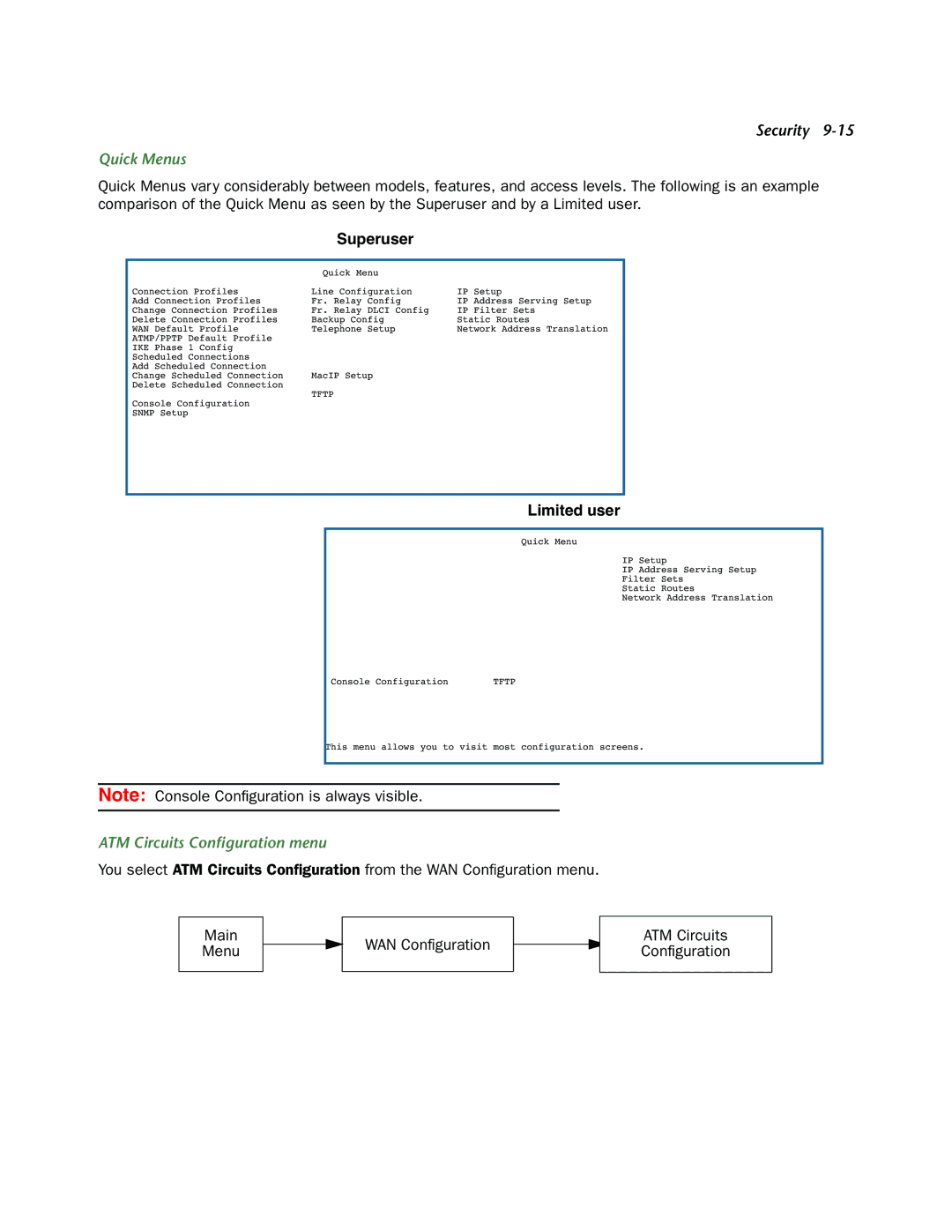 Netopia 3300-ENT manual Quick Menus, ATM Circuits Conﬁguration menu 