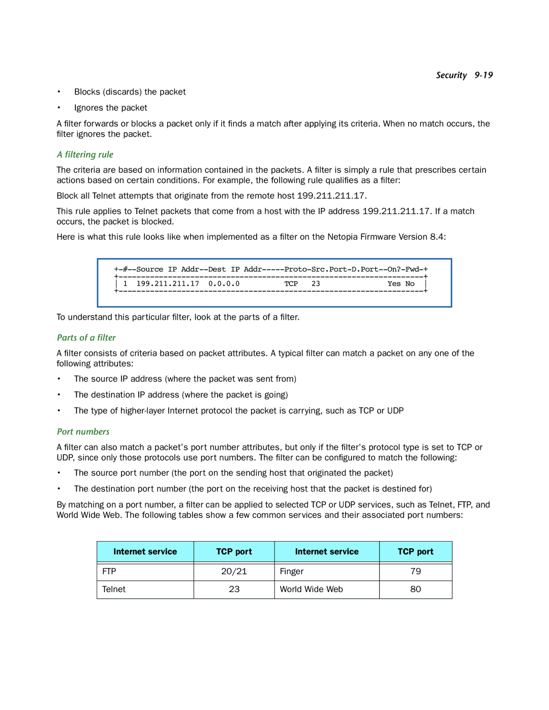 Netopia 3300-ENT manual ﬁltering rule, Parts of a ﬁlter, Port numbers, 20/21 Finger Telnet World Wide Web 