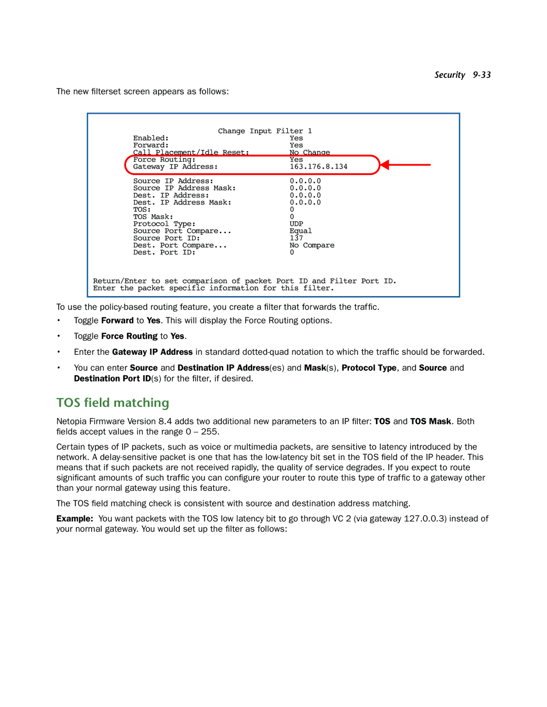 Netopia 3300-ENT manual TOS ﬁeld matching, New ﬁlterset screen appears as follows 