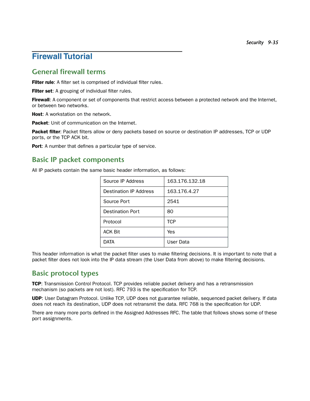 Netopia 3300-ENT manual Firewall Tutorial, General ﬁrewall terms, Basic IP packet components, Basic protocol types 