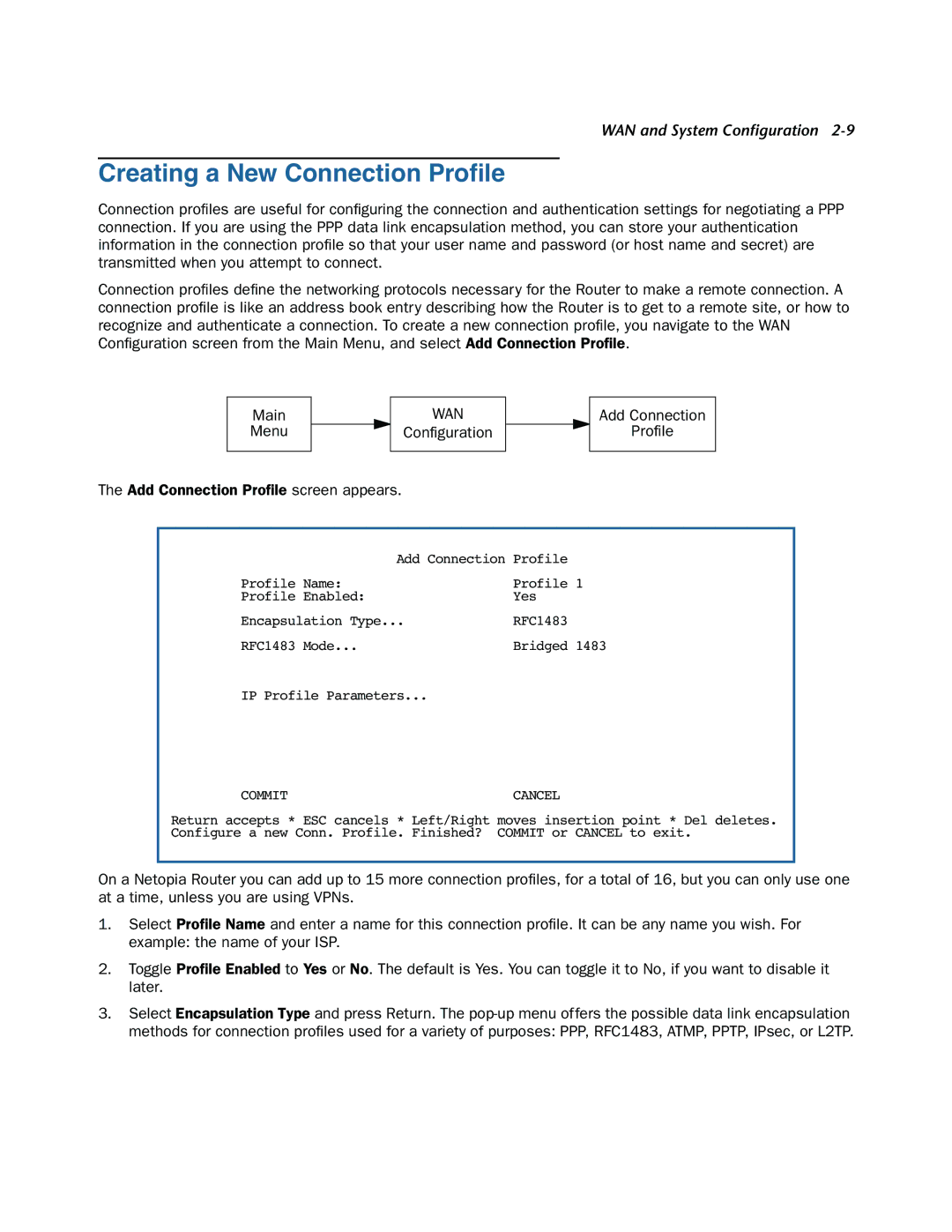 Netopia 3300-ENT manual Creating a New Connection Proﬁle, Commit Cancel 