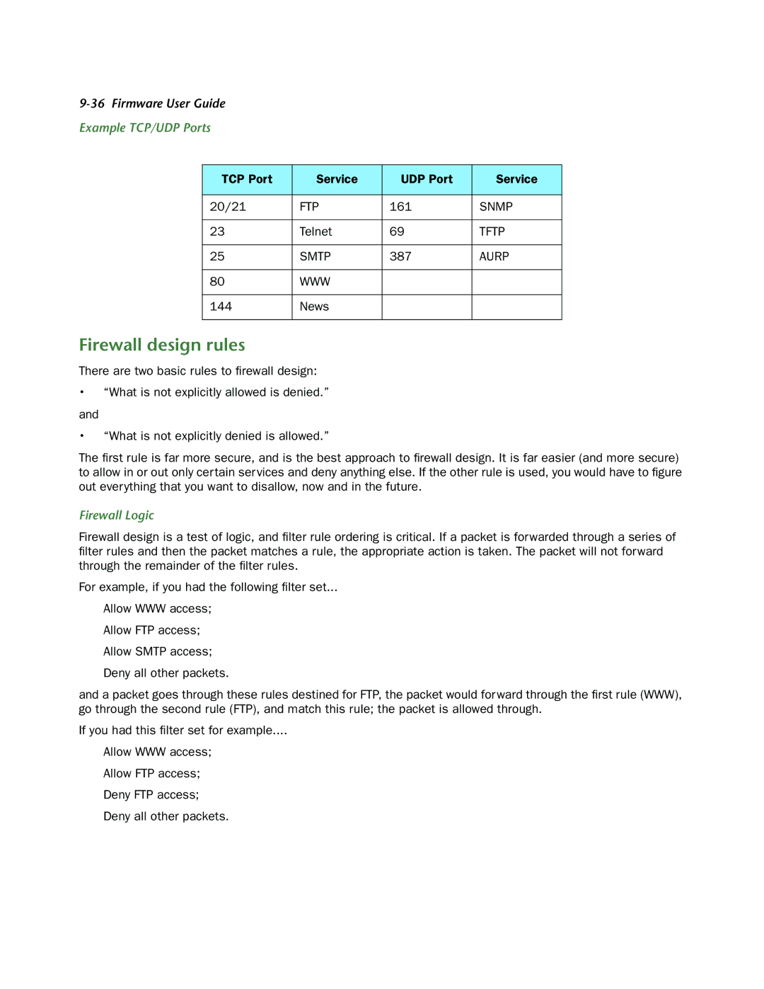 Netopia 3300-ENT manual Firewall design rules, Example TCP/UDP Ports, Firewall Logic 