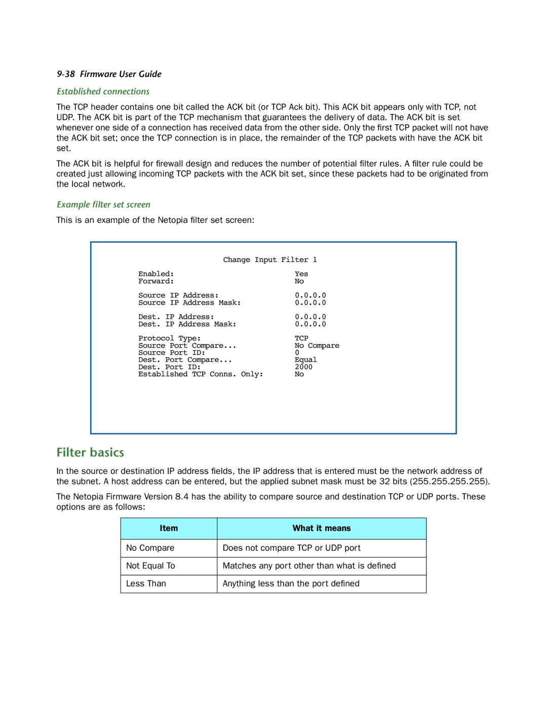 Netopia 3300-ENT manual Filter basics, Established connections, Example ﬁlter set screen 