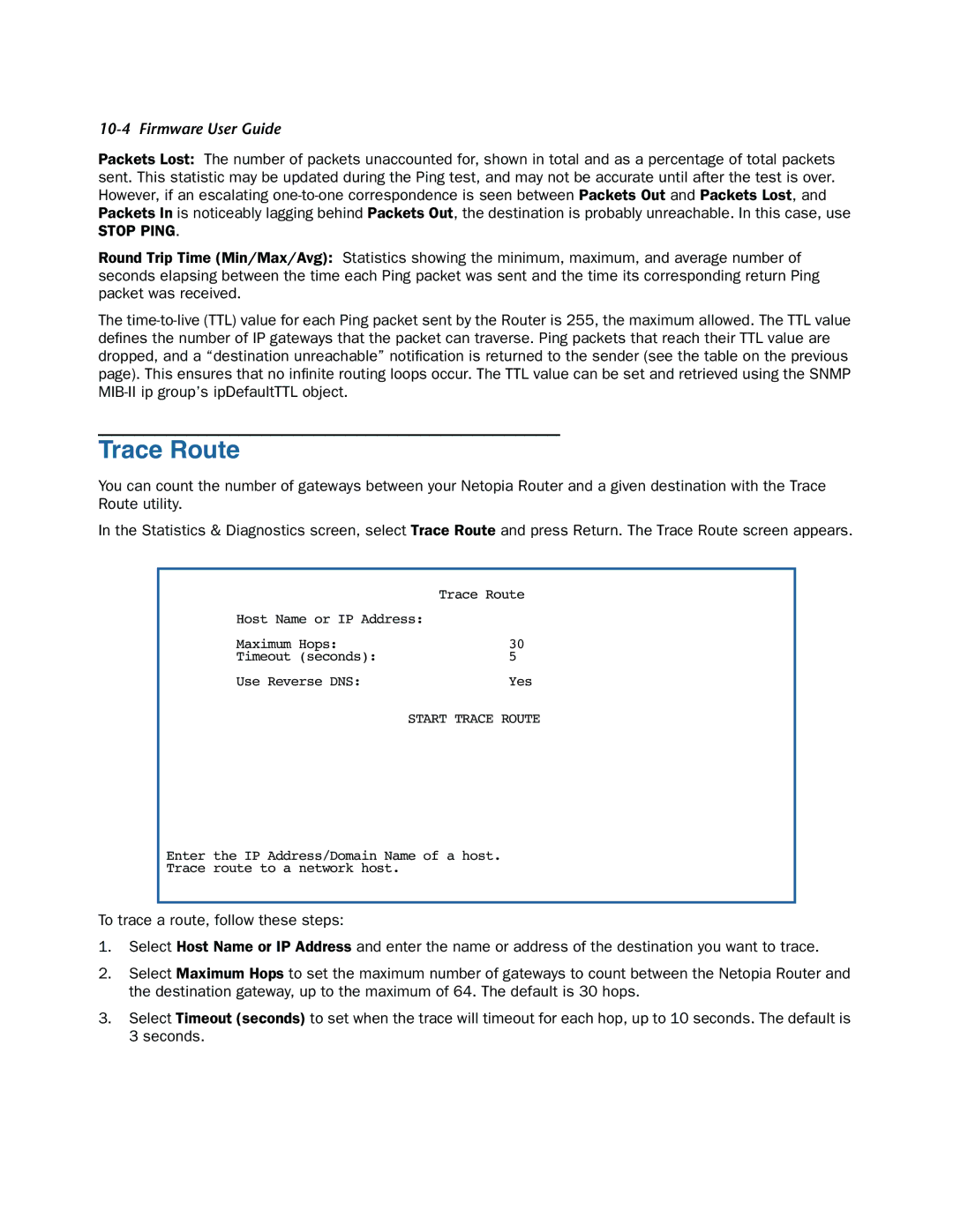 Netopia 3300-ENT manual Trace Route, Stop Ping 