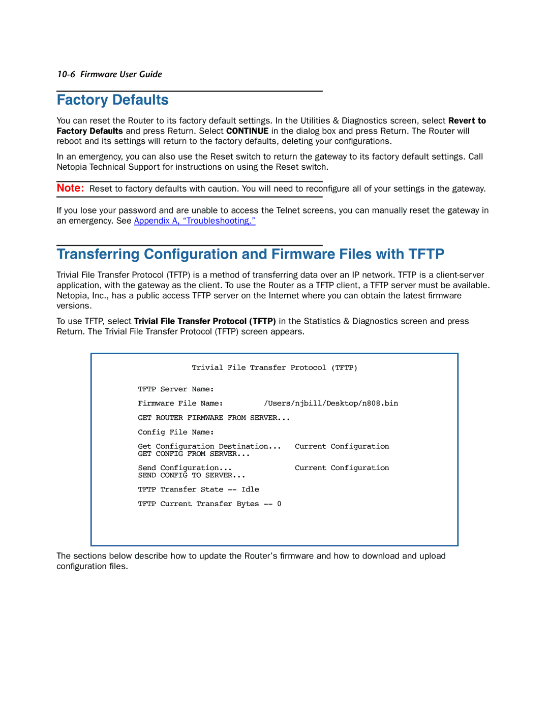 Netopia 3300-ENT manual Factory Defaults, Transferring Conﬁguration and Firmware Files with Tftp 