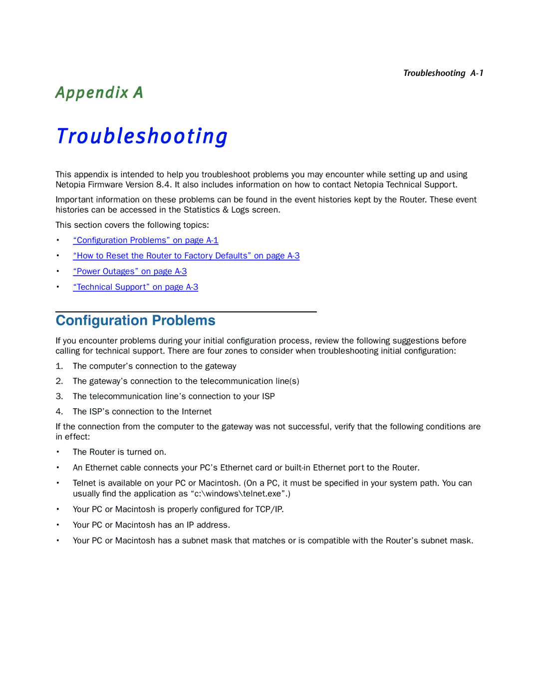 Netopia 3300-ENT manual Troubleshooting, Conﬁguration Problems 