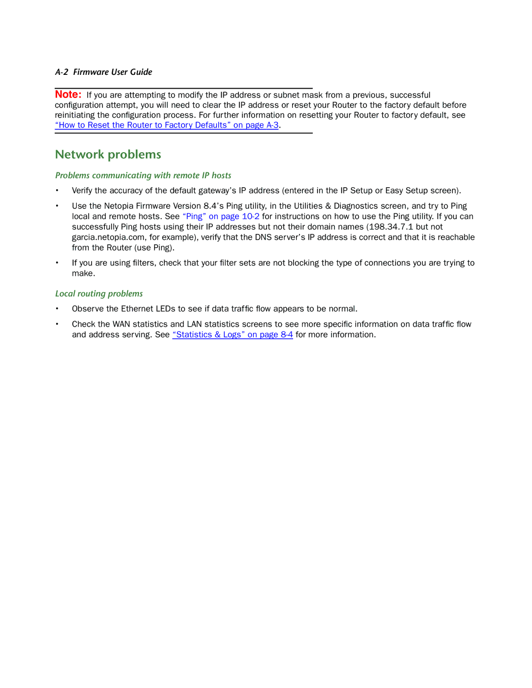 Netopia 3300-ENT manual Network problems, Problems communicating with remote IP hosts, Local routing problems 