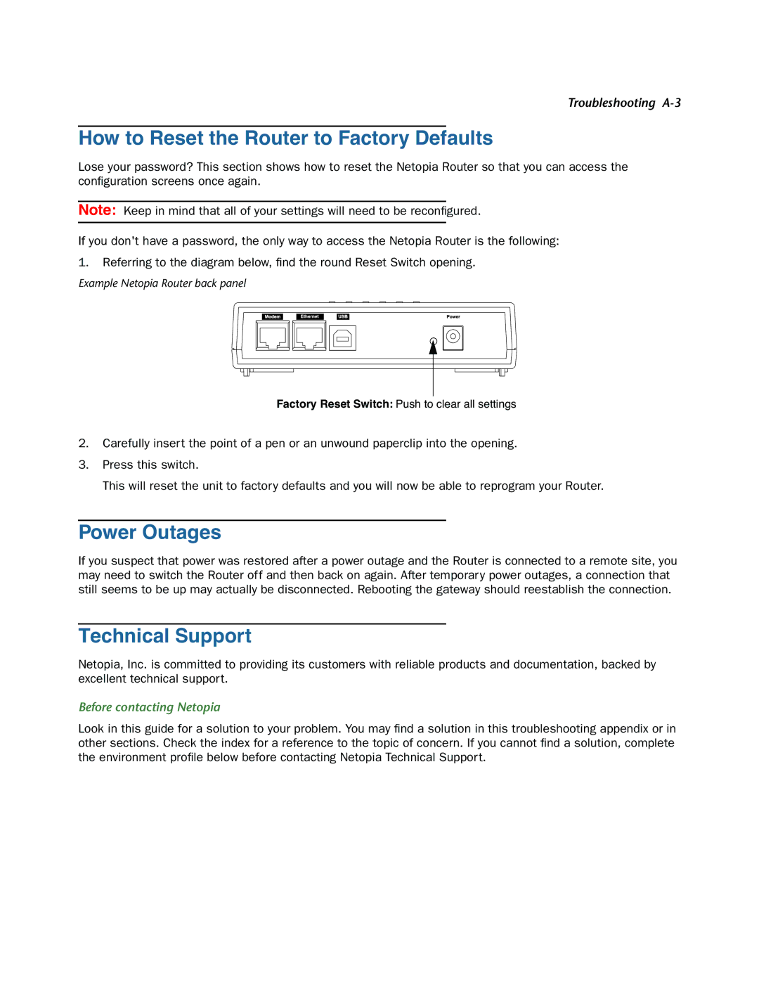 Netopia 3300-ENT How to Reset the Router to Factory Defaults, Power Outages, Technical Support, Before contacting Netopia 